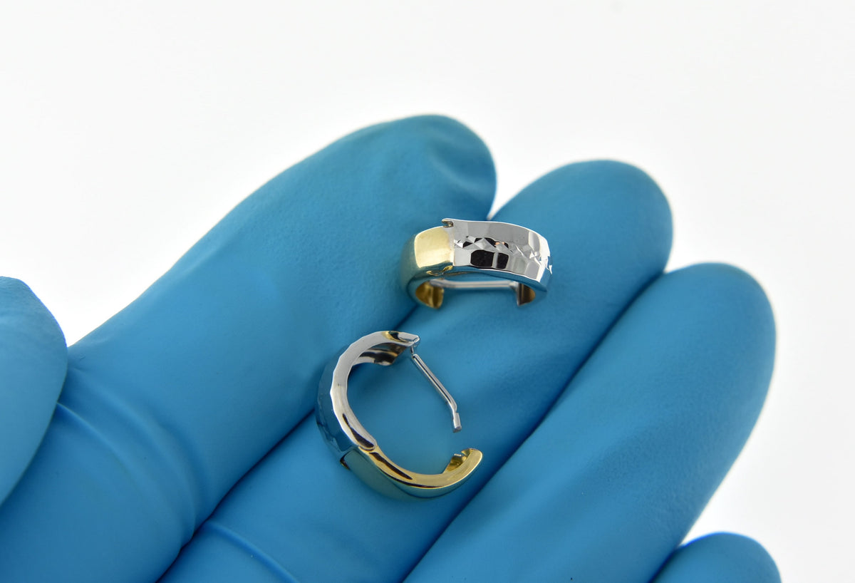14k yellow white gold two tone classic huggie hinged hoop earrings 13mm x 5mm