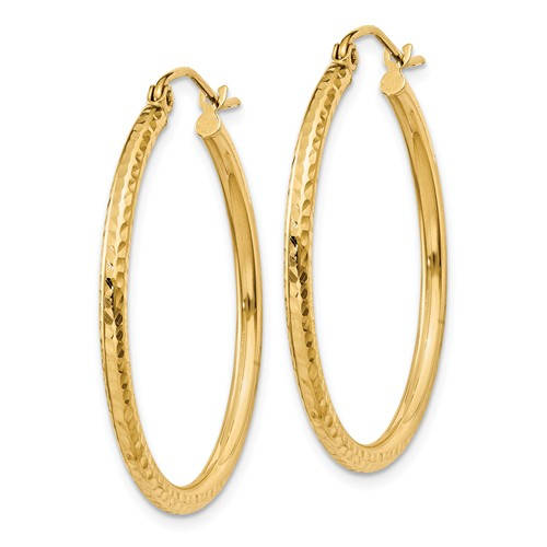 14k yellow gold diamond cut classic round hoop earrings 30mm x 2mm