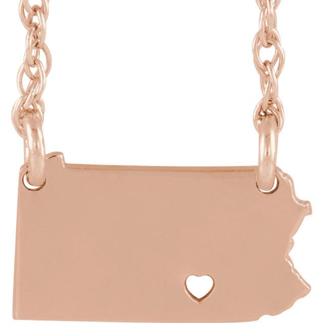 14k gold 10k gold silver pennsylvania pa state map necklace heart personalized city