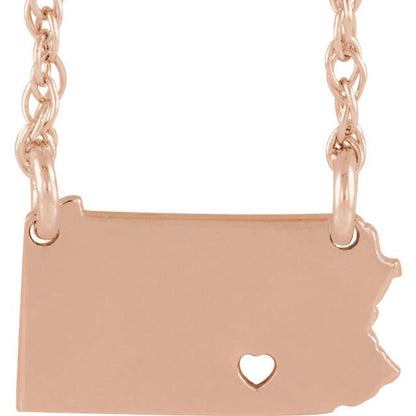 14k gold 10k gold silver pennsylvania pa state map necklace heart personalized city
