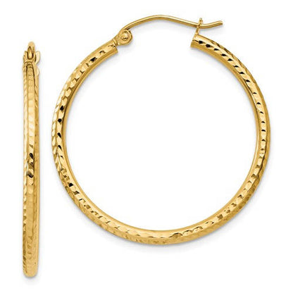14k yellow gold diamond cut classic round hoop earrings 30mm x 2mm