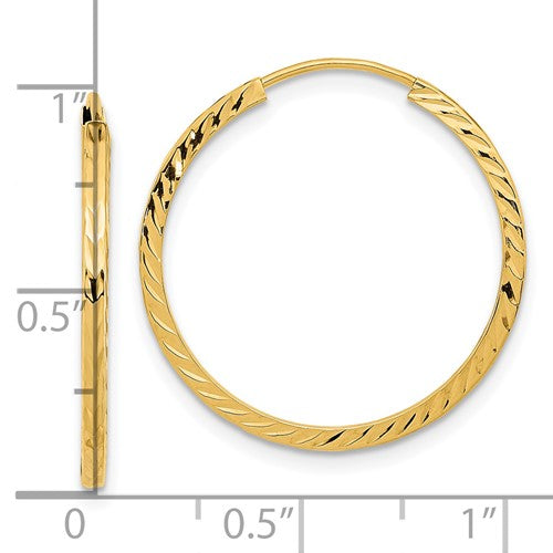 14k Yellow Gold Diamond Cut Square Tube Round Endless Hoop Earrings 24mm x 1.35mm