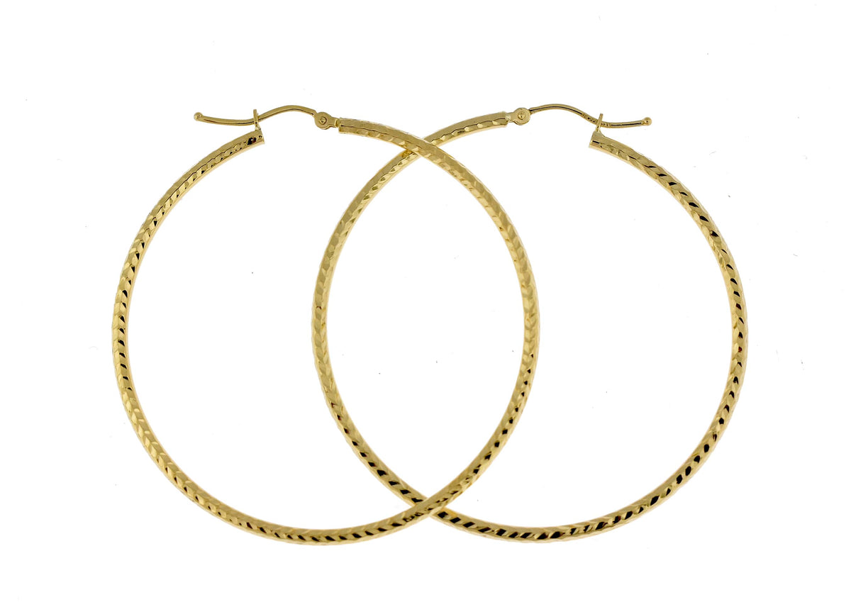 14k yellow gold diamond cut classic round hoop earrings 50mm x 2mm