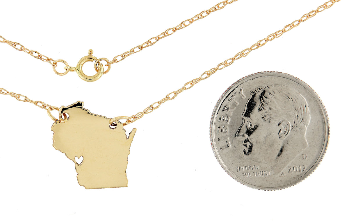 14k gold 10k gold silver wisconsin wi state map necklace heart personalized city