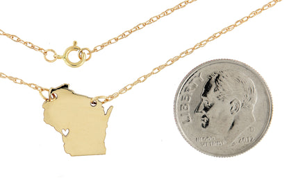 14k gold 10k gold silver wisconsin wi state map necklace heart personalized city