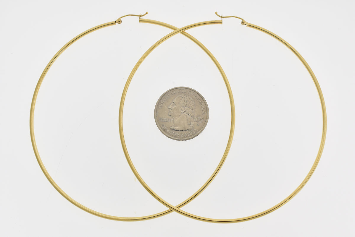 14k yellow gold extra large diameter 87mm x 2mm classic round hoop earrings 3.4 inches giant size super wide