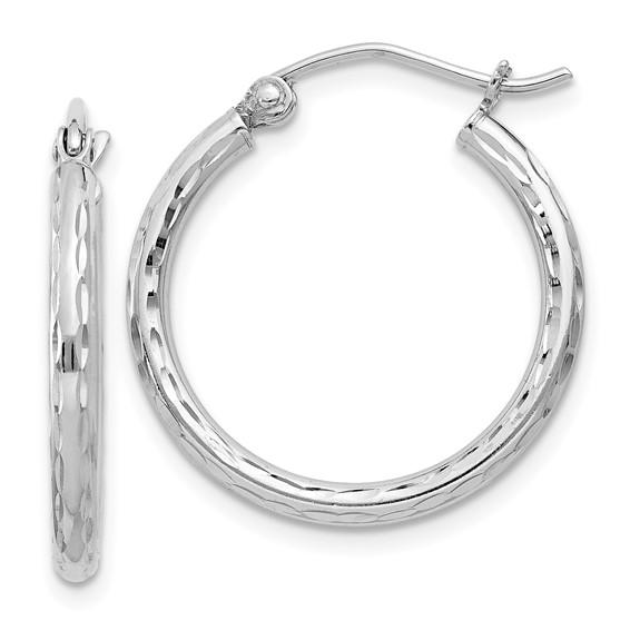 sterling silver rhodium plated diamond cut classic round hoop earrings 20mm x 2mm