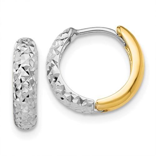14k yellow white gold two tone textured huggie hinged hoop earrings 13mm x 3mm