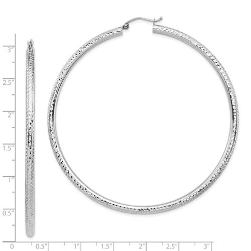 14k white gold 2.83 inch diameter extra large giant gigantic diamond cut round classic hoop earrings  lightweight 72mm x 3mm