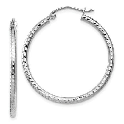 14k white gold diamond cut round hoop earrings 29mm x 2mm