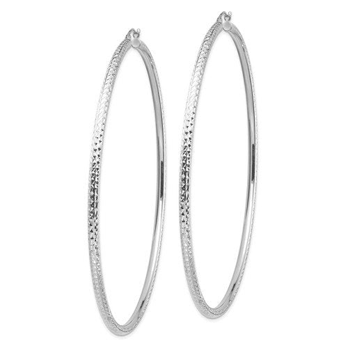 14k white gold 3.35 inch diameter extra large giant gigantic diamond cut round classic hoop earrings lightweight 85mm x 3mm