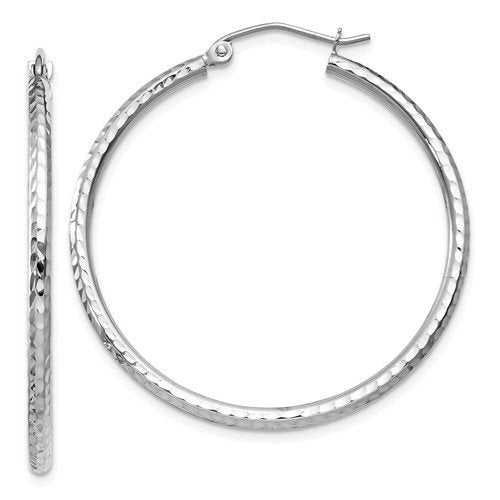 14k white gold diamond cut round hoop earrings 35mm x 2mm