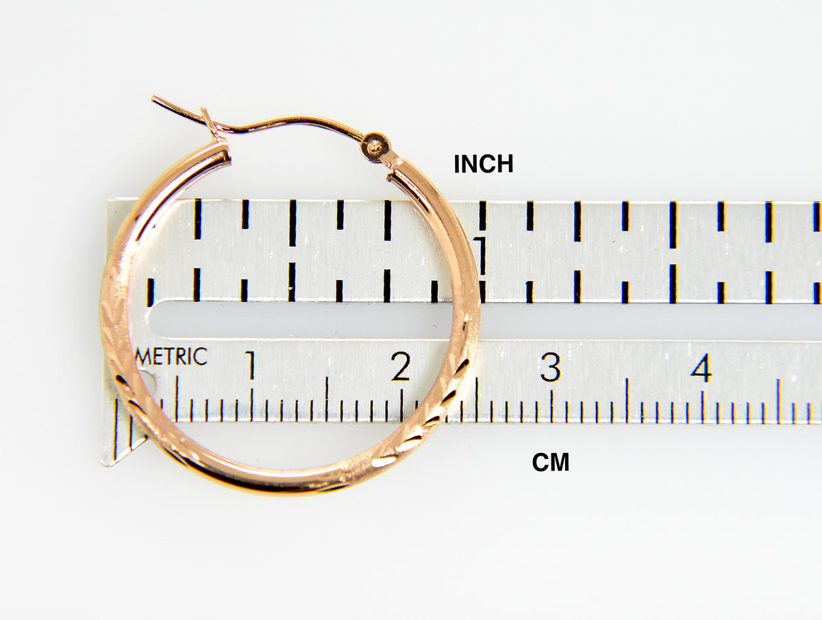 14k rose gold diamond cut classic round textured satin hoop earrings 25mm x 2mm