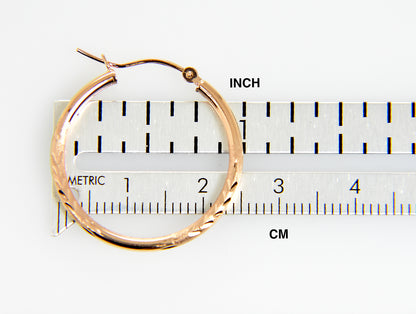 14k rose gold diamond cut classic round textured satin hoop earrings 25mm x 2mm