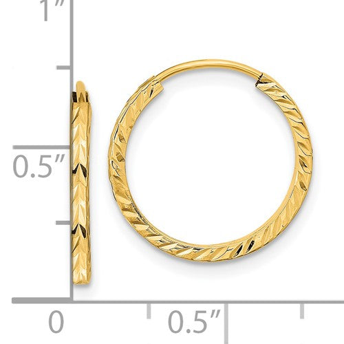 14k yellow gold diamond cut square tube round endless hoop earrings 17mm x 1.35mm