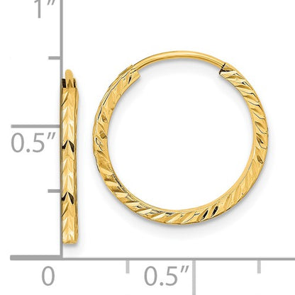 14k yellow gold diamond cut square tube round endless hoop earrings 17mm x 1.35mm
