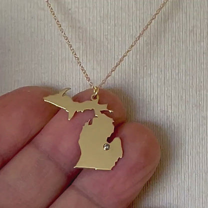14k 10k Yellow Rose White Gold Diamond Silver Michigan MI State Map Personalized City Necklace
