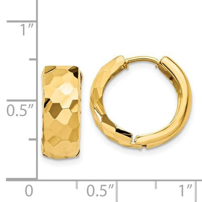 14k yellow gold faceted textured huggie hinged hoop earrings 15mm x 5mm