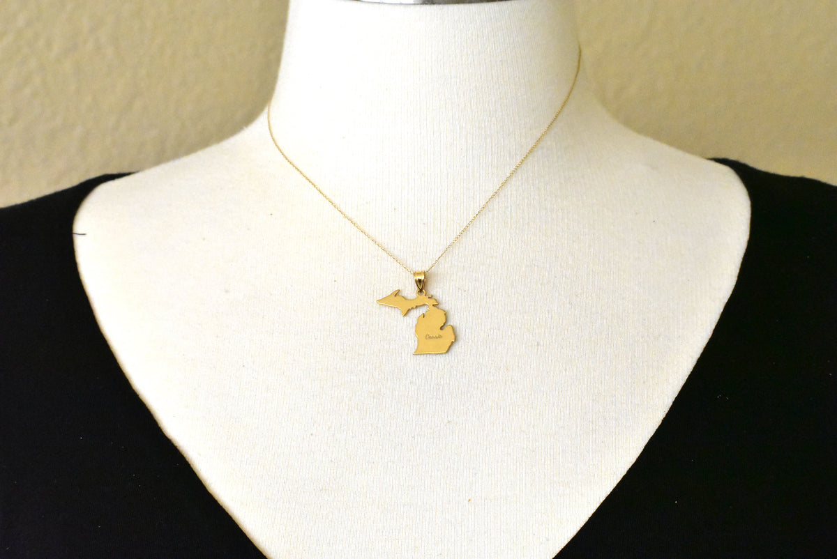 14k gold or sterling silver michigan mi state map pendant charm personalized monogram