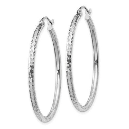 14k white gold diamond cut round hoop earrings 35mm x 2mm