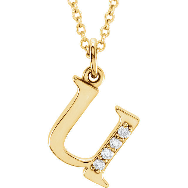 14k yellow rose white gold .025 ctw diamond tiny petite lowercase letter u initial alphabet pendant charm necklace