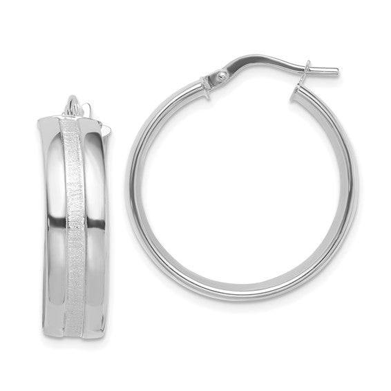 14k White Gold Round Polished Satin Groove Textured Hoop Earrings 25mm x 6.5mm