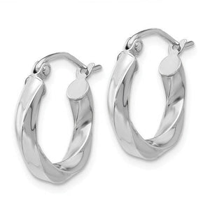 14K White Gold Twisted Modern Classic Round Hoop Earrings 15mm x 3mm
