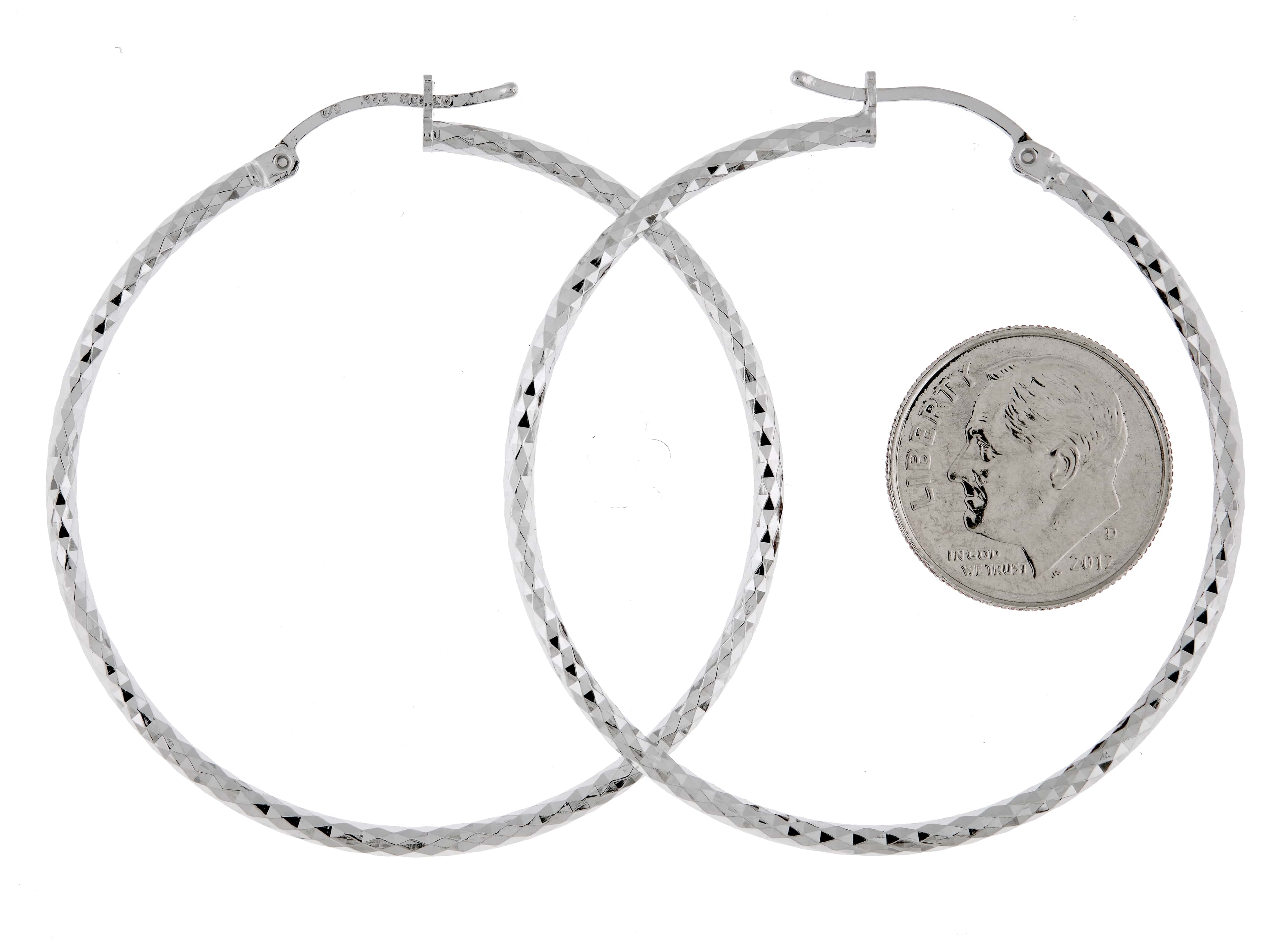 Sterling Silver Rhodium Plated Diamond Cut Classic Round Hoop Earrings 45mm x 2mm