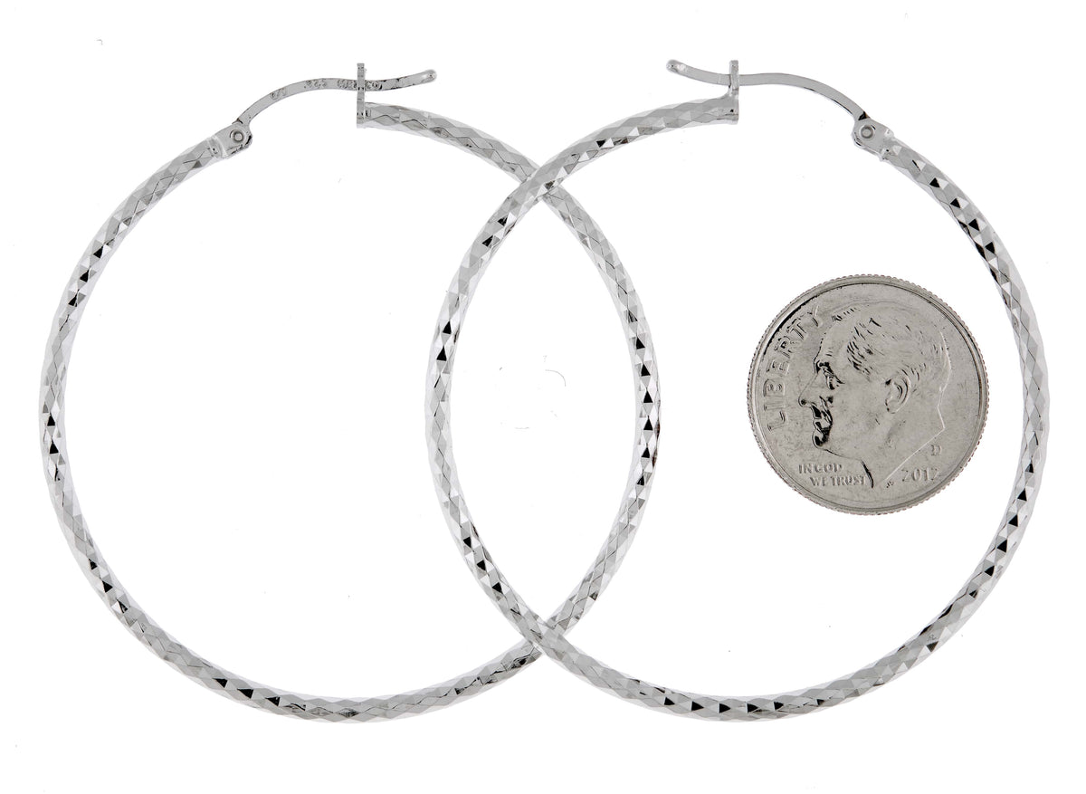 sterling silver rhodium plated diamond cut classic round hoop earrings 45mm x 2mm