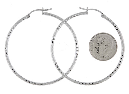 sterling silver rhodium plated diamond cut classic round hoop earrings 45mm x 2mm