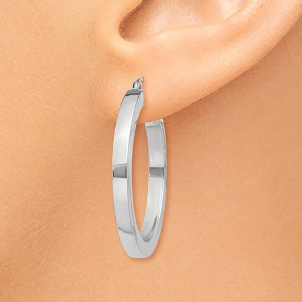 14k white gold square tube round hoop earrings 30mm x 3mm