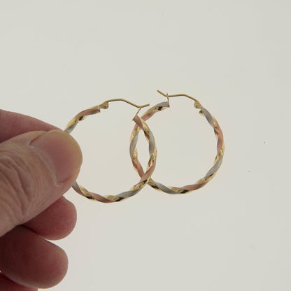 14k Gold Tri Color Twisted Round Hoop Earrings
