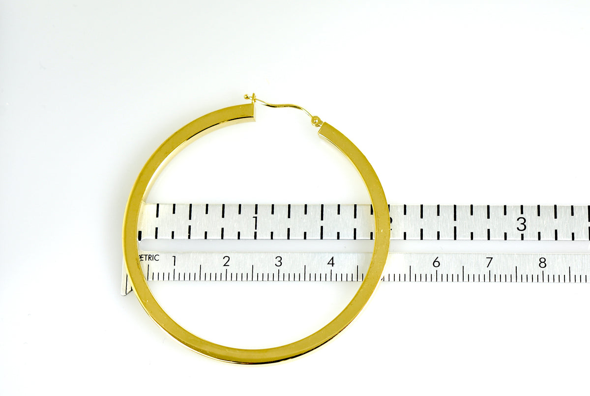 14k yellow gold square tube round hoop earrings 50mm x 3mm