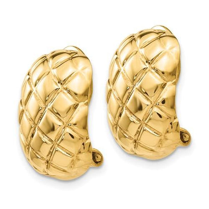 14k yellow gold non pierced clip on omega back quilted textured earrings