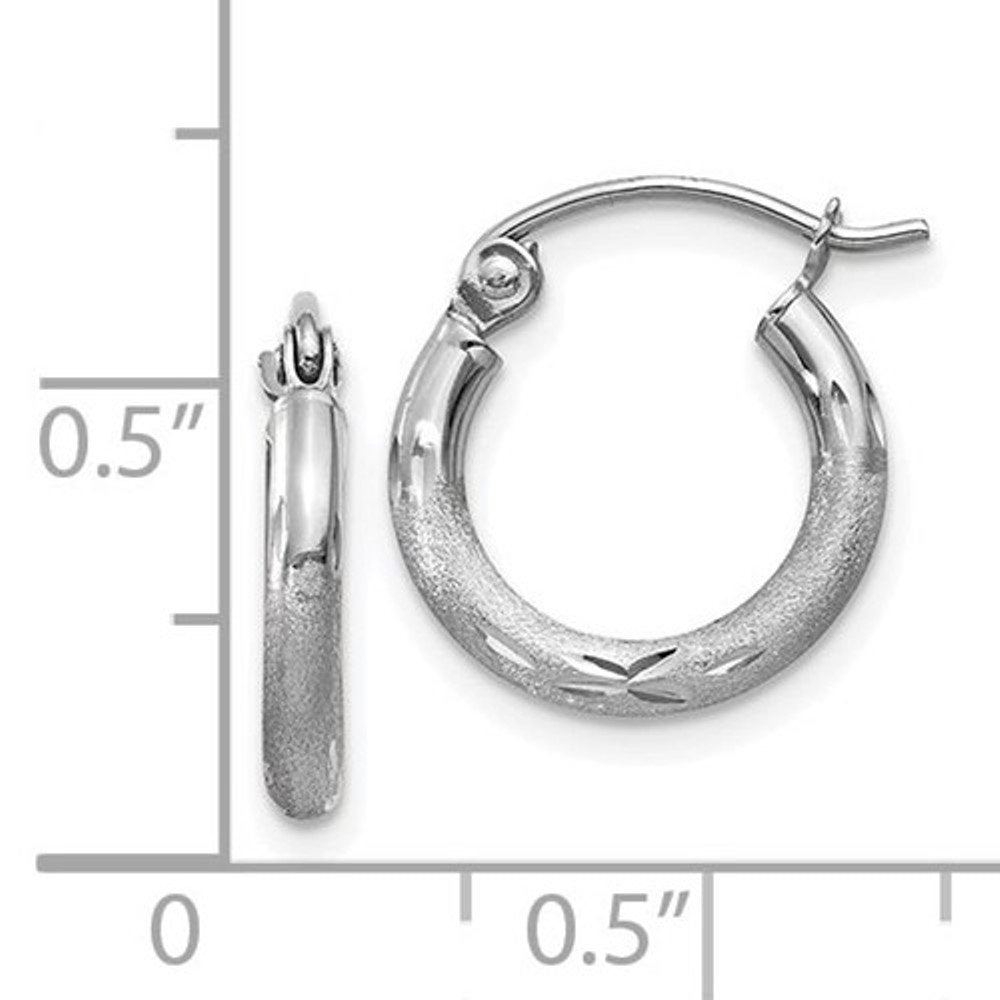 14K White Gold Satin Diamond Cut Classic Round Hoop Earrings 13mm x 2mm