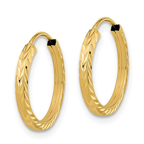 14k yellow gold diamond cut square tube round endless hoop earrings 15mm x 1.35mm