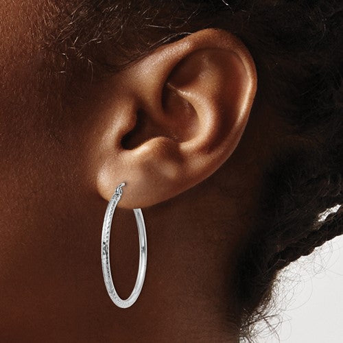 14k White Gold Diamond Cut Round Hoop Earrings 29mm x 2mm