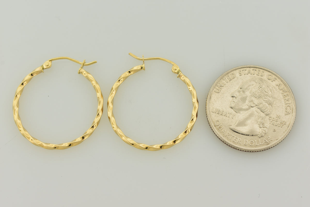 14k yellow gold twisted modern classic round hoop earrings 25mm x 2mm
