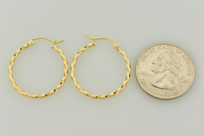 14k yellow gold twisted modern classic round hoop earrings 25mm x 2mm