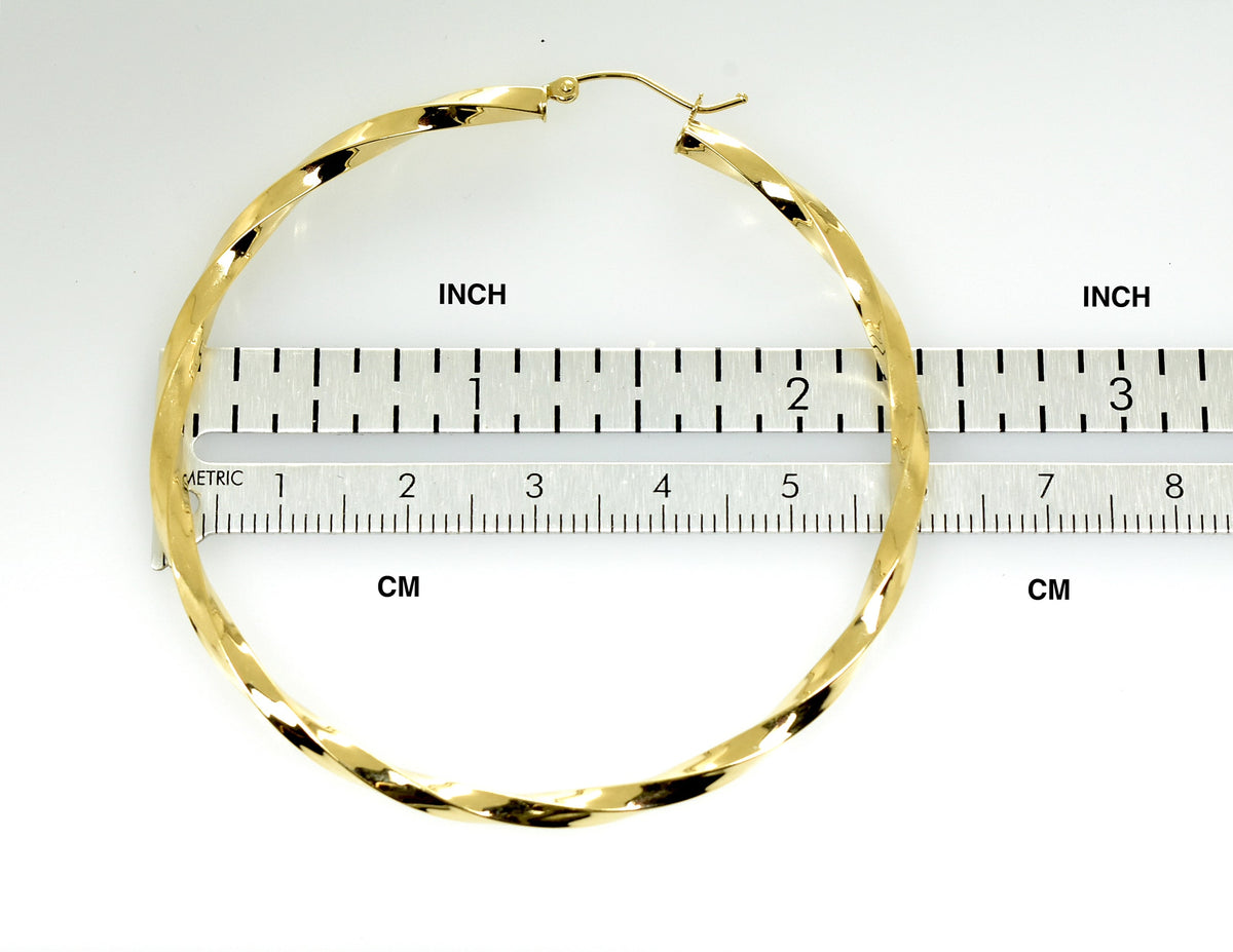 14k yellow gold twisted modern classic round hoop earrings 60mm x 3mm