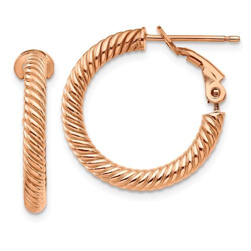 14k rose gold twisted round omega back hoop earrings 20mm x 3mm