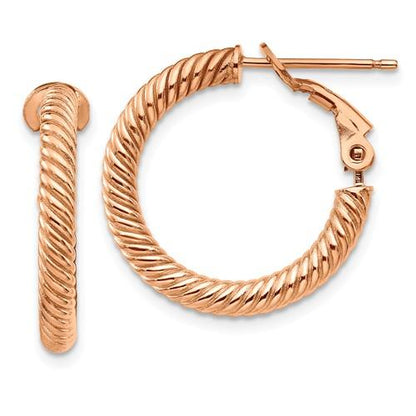 14k rose gold twisted round omega back hoop earrings 20mm x 3mm