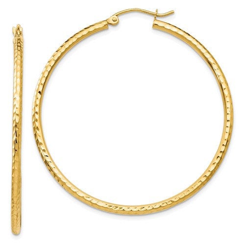 14k yellow gold diamond cut classic round hoop earrings 45mm x 2mm