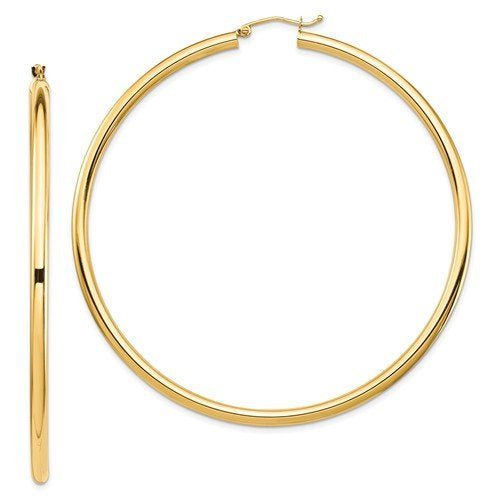 14k yellow gold 69mm x 3mm extra large round classic hoop earrings lightweight