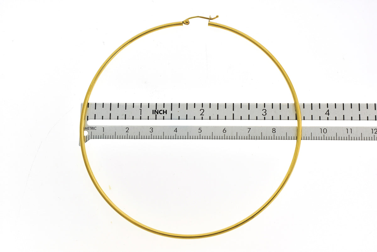 14k yellow gold extra large diameter 87mm x 2mm classic round hoop earrings 3.4 inches giant size super wide