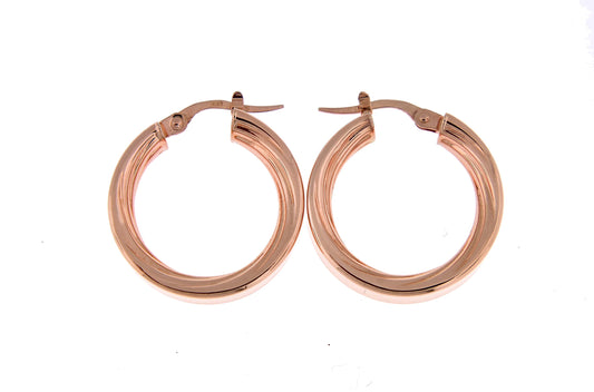 14k rose gold round square tube textured inside diamond cut hoop earrings 21mm x 5.5mm