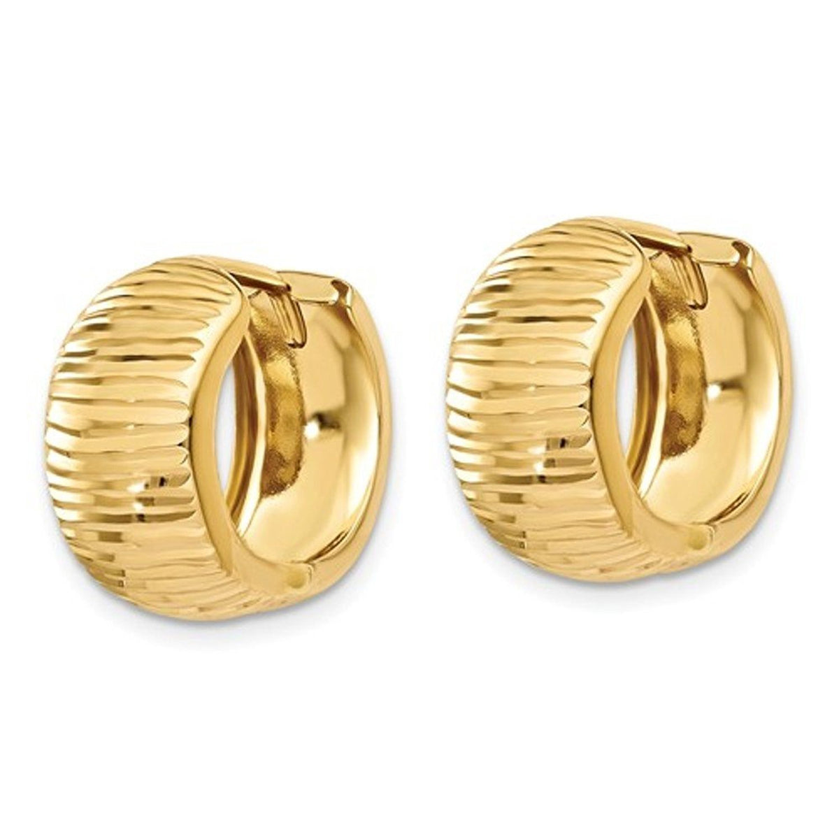 14k yellow gold textured huggie hinged hoop earrings 15mm x 15mm x 7mm