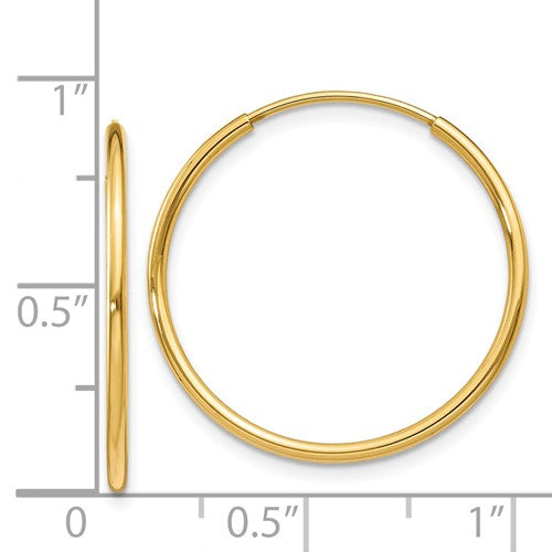 14k yellow gold round endless hoop earrings 20mm x 1.25mm