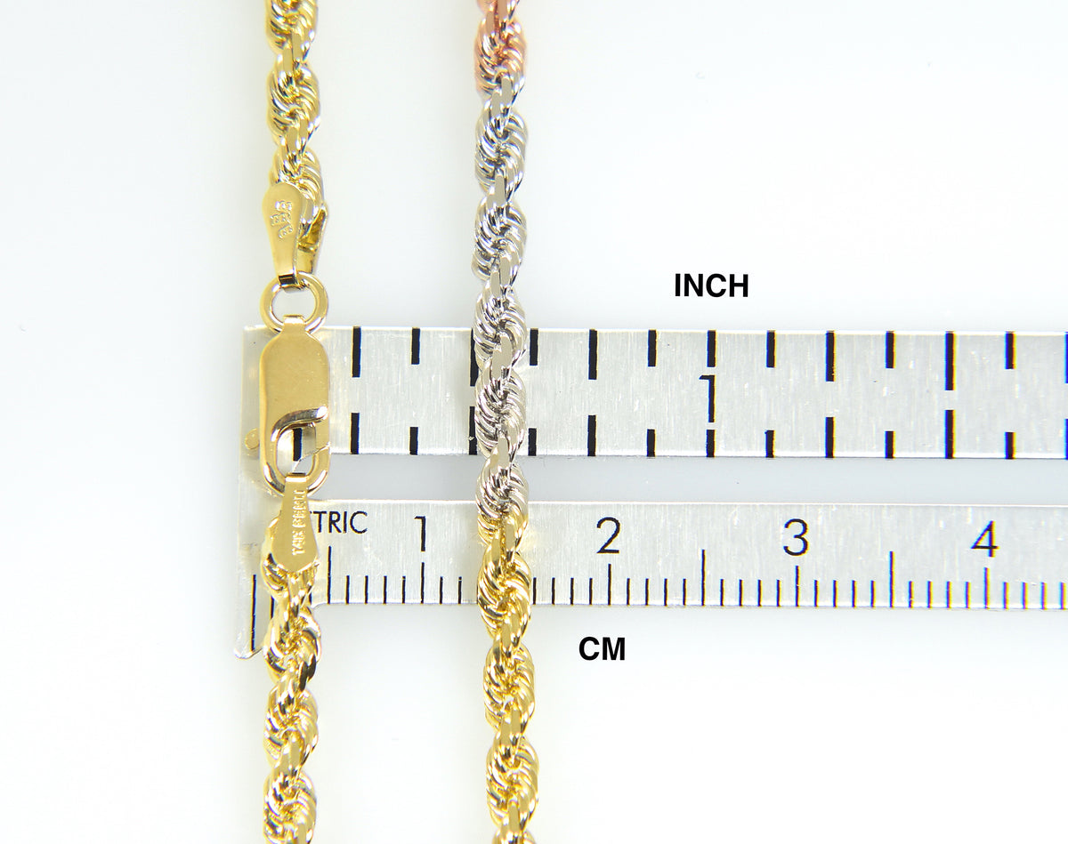 14k yellow white rose gold tri color 3mm diamond cut rope bracelet anklet choker necklace chain