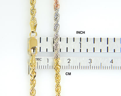 14k yellow white rose gold tri color 3mm diamond cut rope bracelet anklet choker necklace chain